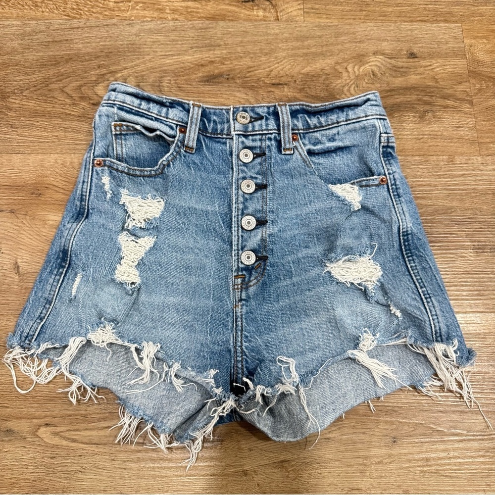 Abercrombie & Fitch High-Waist Distressed Denim Shorts - Medium Blue
